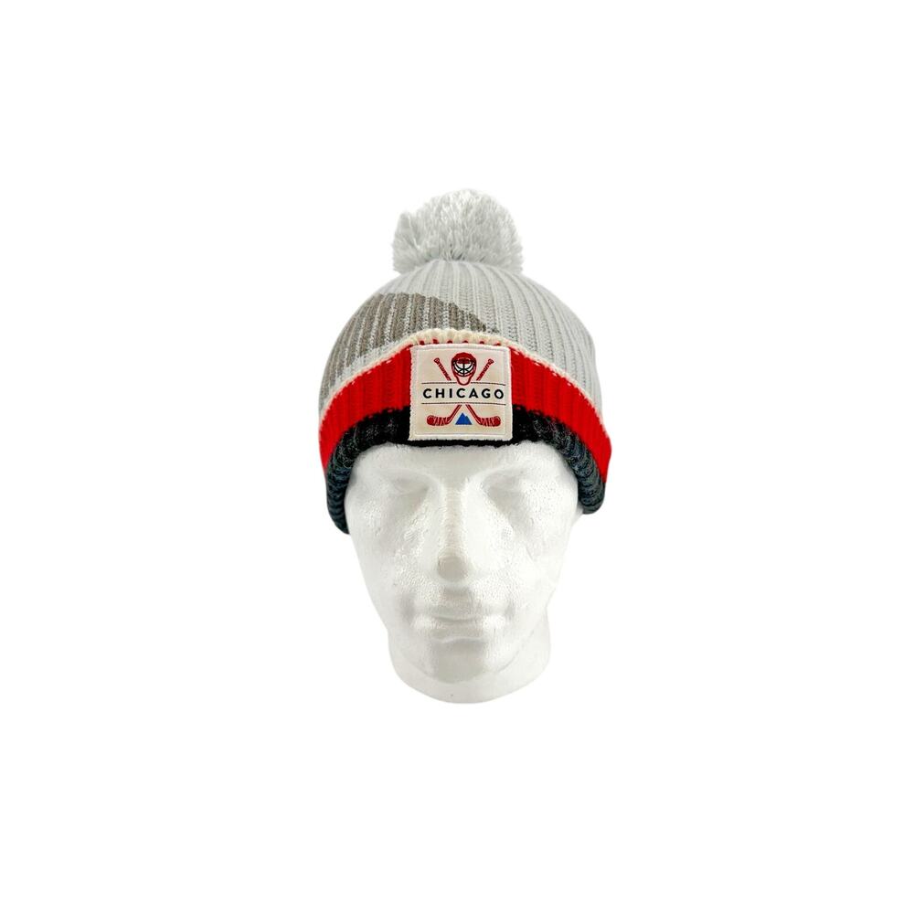 Vintage Chicago Hockey Coors Light Pom Pom Beanie Hat Red Black Gray Stripe